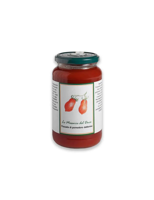 Confezione da 530g di passata di pomodoro datterino del Salento in Puglia prodotto da duca carlo guarini per frisae.com lo store per mangiare italiano