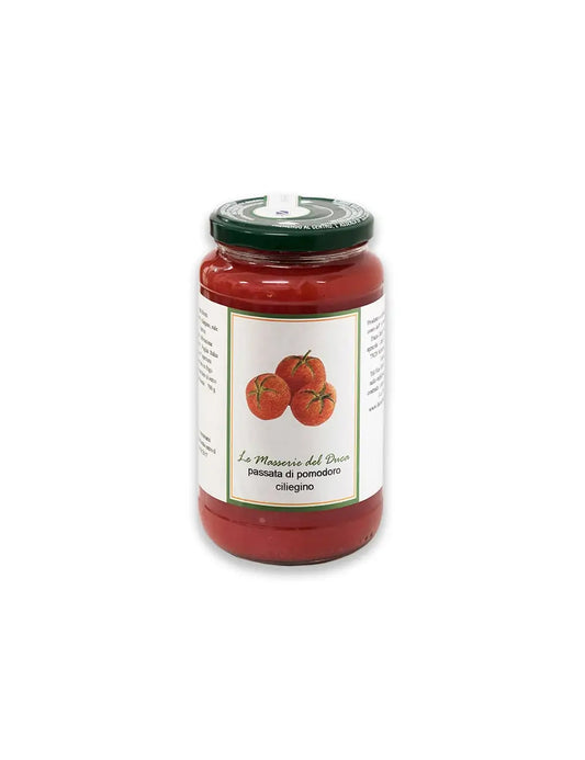 Confezione da 530g di passata di pomodoro ciliegino del Salento in Puglia prodotto da duca carlo guarini per frisae.com lo store per mangiare italiano