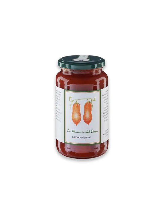 Confezione da 530g di pomodori pelati pastorizzati del Salento in Puglia prodotti da duca carlo guarini per frisae.com lo store per mangiare italiano