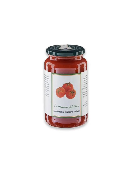 Confezione da 530g di salsa di pomodoro ciliegino del Salento in Puglia prodotto da duca carlo guarini per frisae.com lo store per mangiare italiano