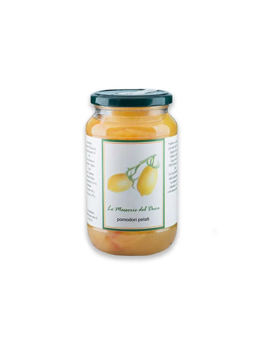 Confezione da 530g di pomodori pelati gialli pastorizzati del Salento in Puglia prodotti da duca carlo guarini per frisae.com lo store per mangiare italiano