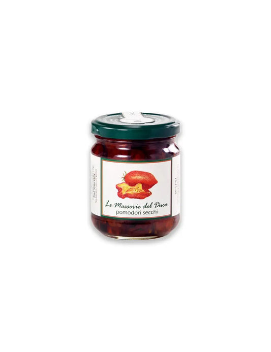 Confezione da 180g di pomodori secchi in olio extravergine di oliva del Salento in Puglia prodotti da duca carlo guarini per frisae.com lo store per mangiare italiano