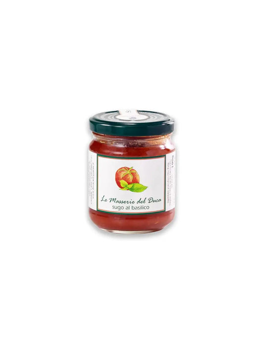 Confezione da 190g di sugo pronto al basilico del Salento in Puglia prodotto da duca carlo guarini per frisae.com lo store per mangiare italiano