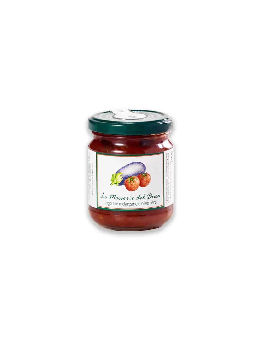 Confezione da 190g di sugo pronto melanzane e olive del Salento in Puglia prodotta da duca carlo guarini per frisae.com lo store per mangiare italiano