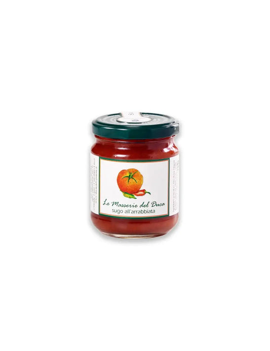 Confezione da 190g di sugo pronto all'arrabiata del Salento in Puglia prodotta da duca carlo guarini per frisae.com lo store per mangiare italiano