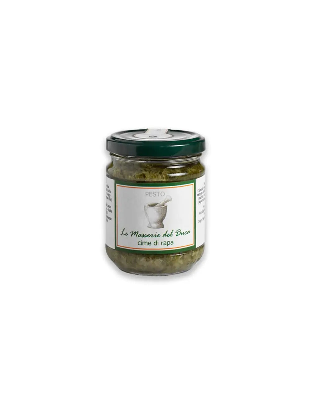 Confezione da 180g di pesto alle cime di rapa del Salento in Puglia prodotto da duca carlo guarini per frisae.com lo store per mangiare italiano