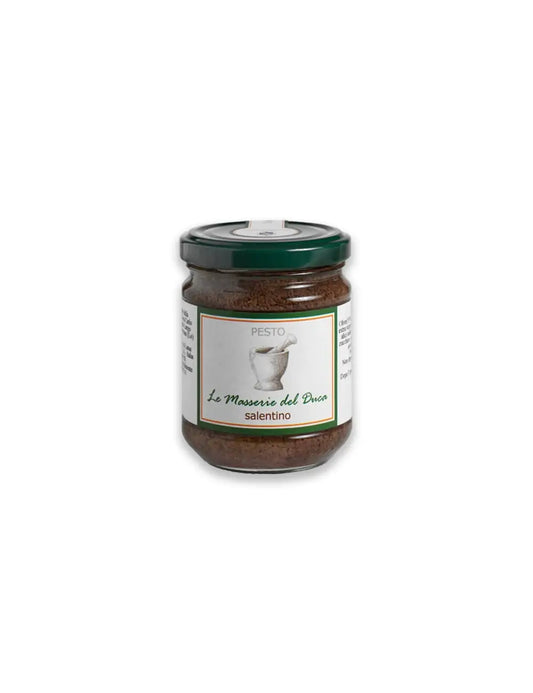 Confezione da 180g di pesto olive alici capperi del Salento in Puglia prodotto da duca carlo guarini per frisae.com lo store per mangiare italiano