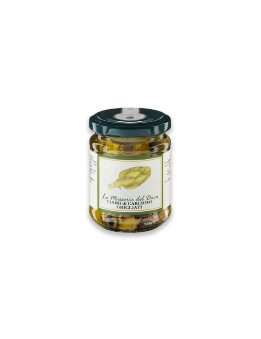 Barattolo da 180g di cuori di carciofi grigliati in olio extravergine di oliva del Salento in Puglia prodotti da duca carlo guarini per frisae.com lo store per mangiare italiano