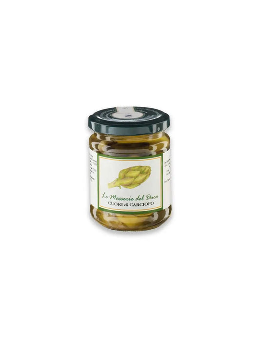 Barattolo da 180g di cuori di carciofi in olio extravergine di oliva del Salento in Puglia prodotti da duca carlo guarini per frisae.com lo store per mangiare italiano