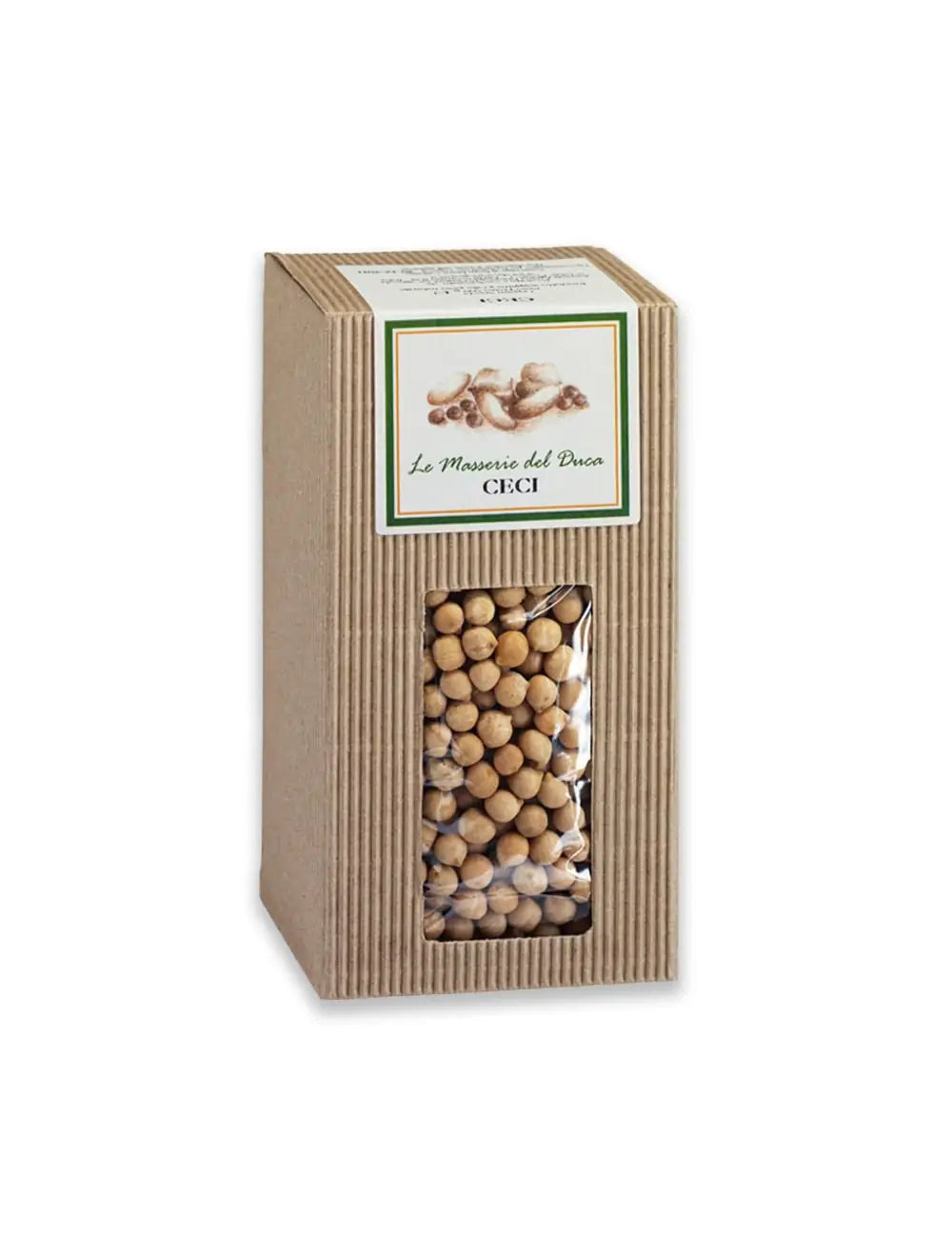 Scatola di cartone cannellato naturale da 500g di ceci del Salento in Puglia prodotti da duca carlo guarini per frisae.com lo store per mangiare italiano