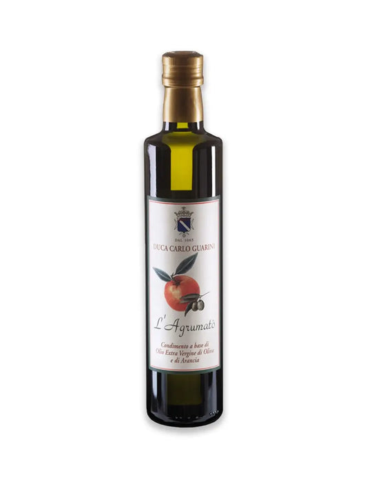 Bottiglia di olio extravergine d'oliva agrumato all'arancia del Salento in Puglia prodotto da duca carlo guarini per frisae.com lo store per mangiare italiano