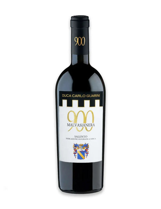 Bottiglia da 750ml di vino rosso pregiato biologico del Salento in Puglia 900 malvasia nera annata 2016 prodotto da duca carlo guarini per frisae.com lo store per mangiare italiano