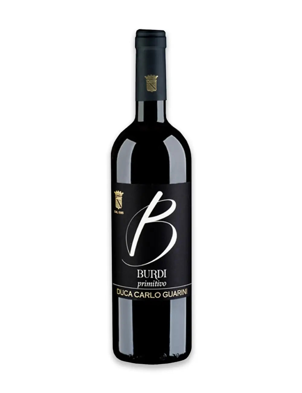 Bottiglia da 750ml di vino rosso pregiato biologico del Salento in Puglia burdi primitivo annata 2021 prodotto da duca carlo guarini per frisae.com lo store per mangiare italiano