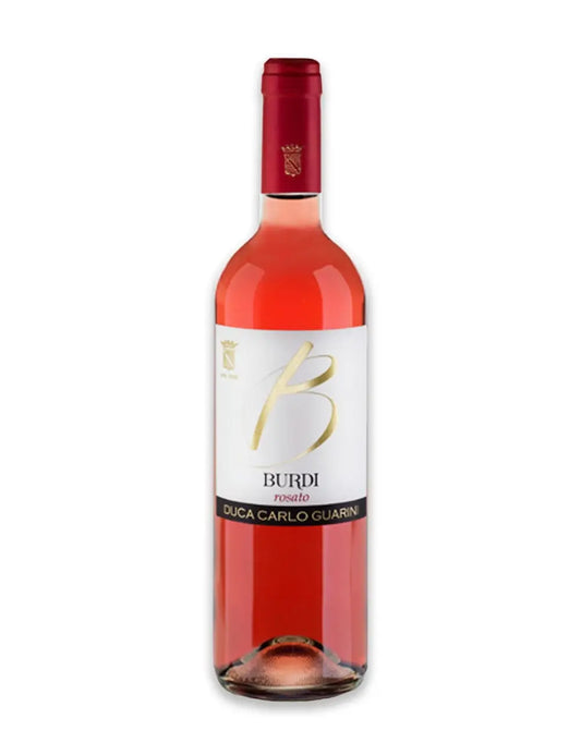 Bottiglia da 750ml di vino rosato pregiato biologico del Salento in Puglia burdi negroamaro annata 2021 prodotto da duca carlo guarini per frisae.com lo store per mangiare italiano