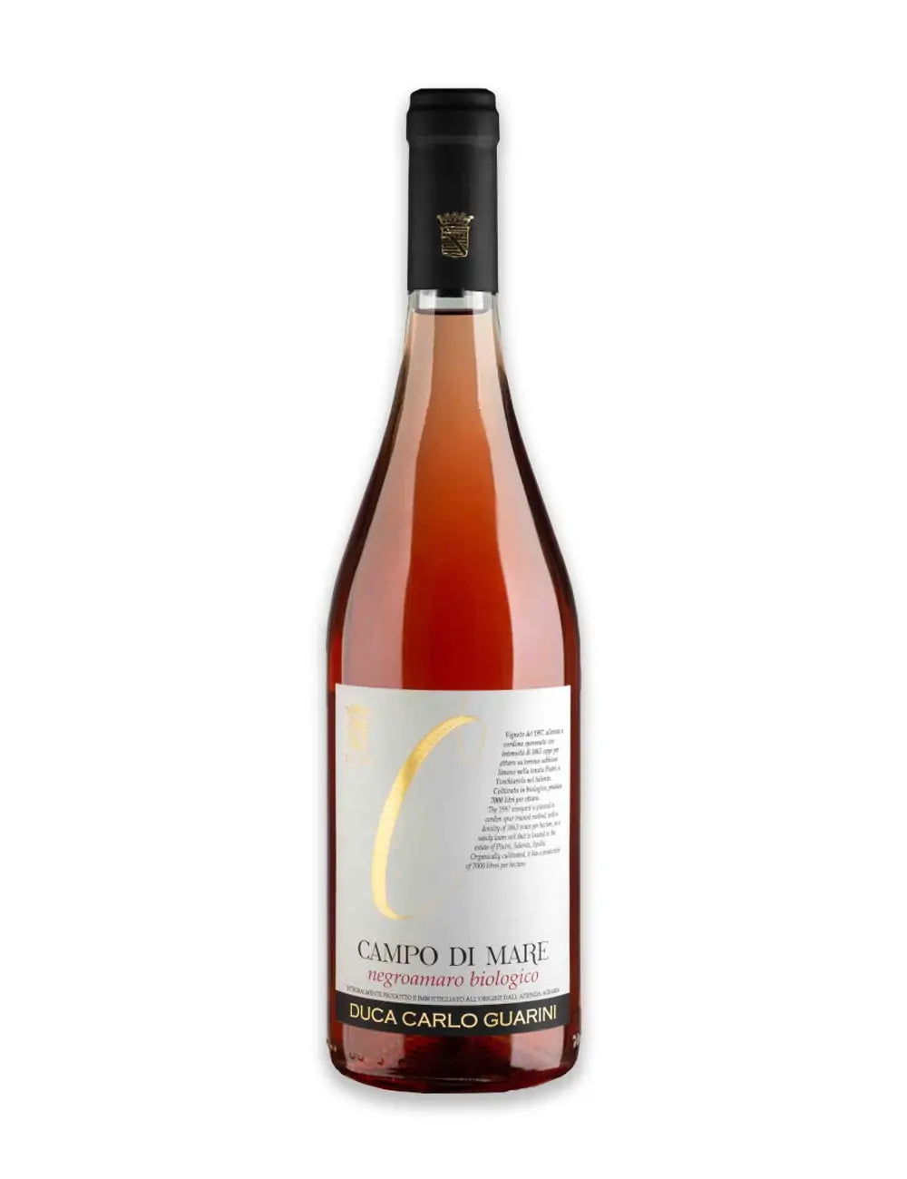 Bottiglia da 750ml di vino rosato pregiato biologico del Salento in Puglia campo di mare negroamaro annata 2021 prodotto da duca carlo guarini per frisae.com lo store per mangiare italiano