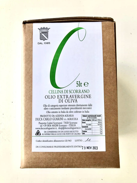 Confezione da 5 litri di olio extravergine d'oliva del Salento in Puglia prodotto da duca carlo guarini per frisae.com lo store per mangiare italiano