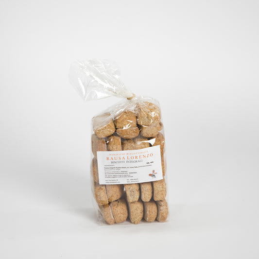 Confezione da 400g di biscotti integrali artigianali del Salento in Puglia prodotti da panificio biscottificio rausa per frisae.com lo store per mangiare italiano
