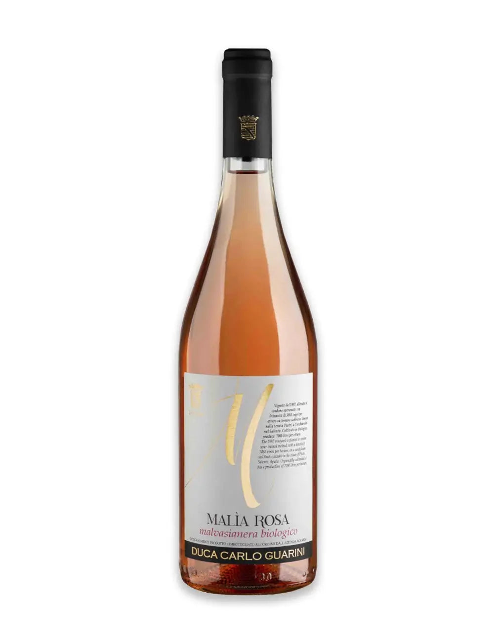 Bottiglia da 750ml di vino rosato pregiato biologico del Salento in Puglia malia malvasia nera annata 2021 prodotto da duca carlo guarini per frisae.com lo store per mangiare italiano