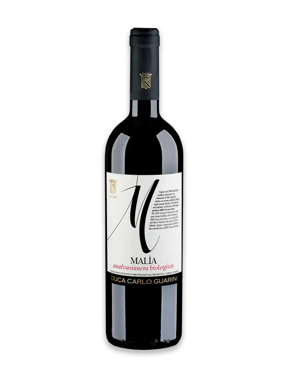 Bottiglia da 750ml di vino rosso pregiato biologico del Salento in Puglia malia malvasia nera annata 2019 prodotto da duca carlo guarini per frisae.com lo store per mangiare italiano