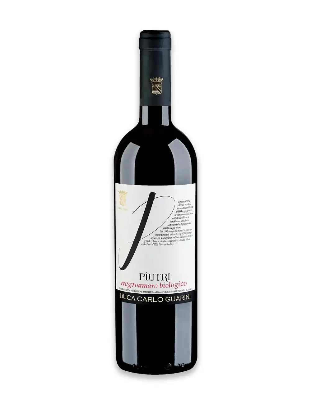 Bottiglia da 750ml di vino rosso pregiato biologico del Salento in Puglia piutri negroamaro annata 2019 prodotto da duca carlo guarini per frisae.com lo store per mangiare italiano