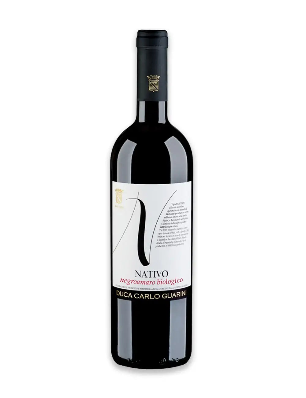 Bottiglia da 750ml di vino rosso pregiato biologico del Salento in Puglia nativo negroamaro annata 2021 prodotto da duca carlo guarini per frisae.com lo store per mangiare italiano