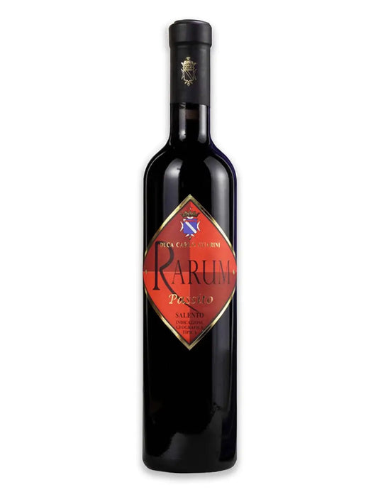 Bottiglia da 750ml di vino rosso pregiato biologico del Salento in Puglia rarum passito negroamaro malvasia annata 2016 prodotto da duca carlo guarini per frisae.com lo store per mangiare italiano