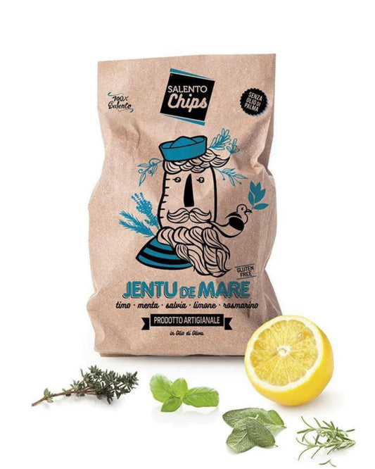 Confezione di patatine jentu de mare artigianali salvia limone rosmarino timo menta del Salento in Puglia prodotte da salento chips per frisae.com lo store per mangiare italiano