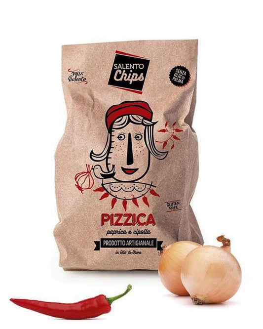 Confezione di patatine pizzica artigianali paprika cipolla del Salento in Puglia prodotte da salento chips per frisae.com lo store per mangiare italiano