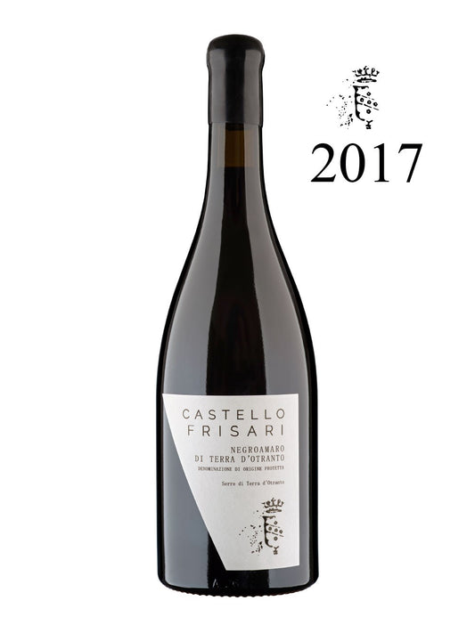 Bottiglia da 750ml di vino rosso pregiato biologico del Salento in Puglia serre terra d'otranto negroamaro annata 2017 prodotto da castello frisari per frisae.com lo store per mangiare italiano